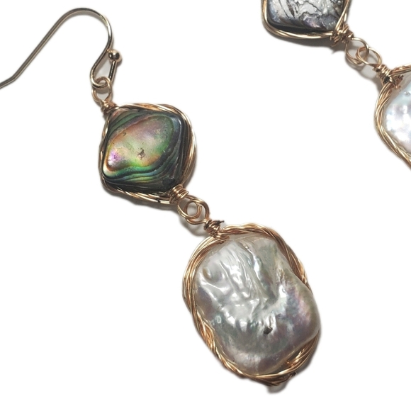 Abalone Shell And Freshwater Pearl Drop Earrings - Picture 3 of 7